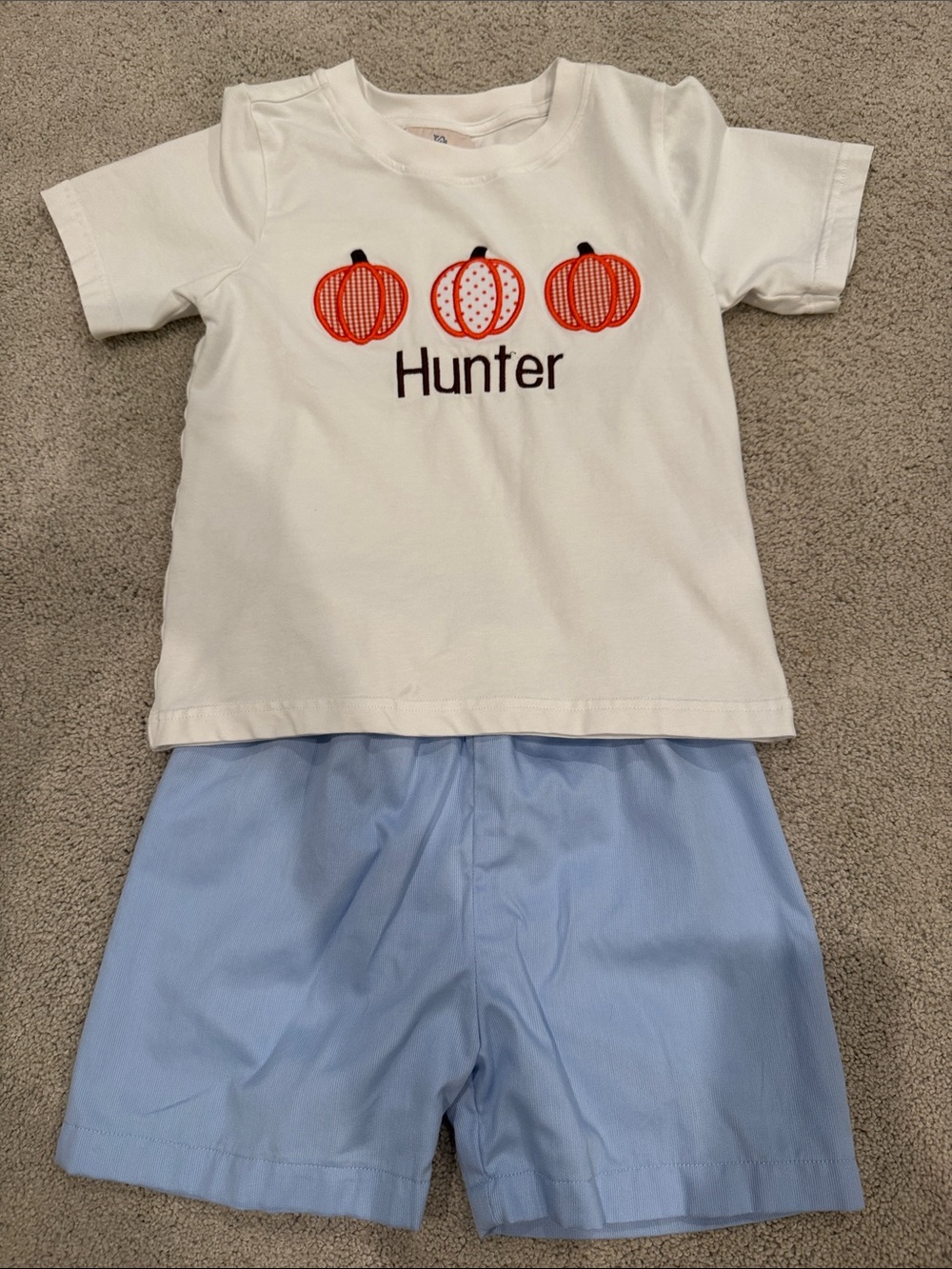 Personalized White Pumpkin Tee & Light Blue Shorts Kids Set
